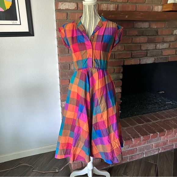 VTG Sandy & Co Rainbow Plaid Fit n’ Flare Midi Dress Sz 9 - Picture 1 of 9